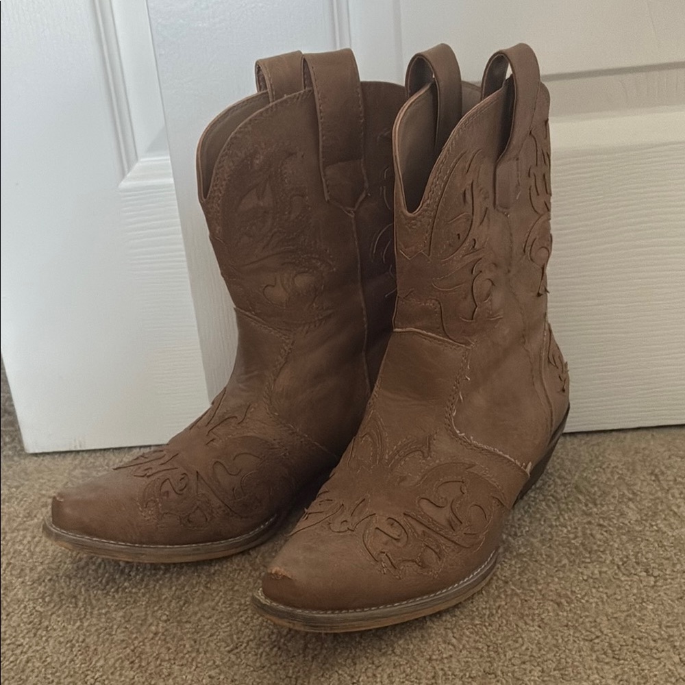 Brown Suede Heeled Boots with Western Stitching